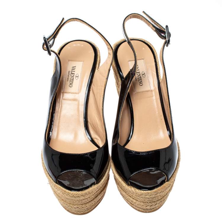 Valentino Black Patent Leather Wedge Platform Espadrilles Slingback Sandals Size 37