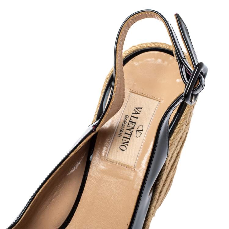 Valentino Black Patent Leather Wedge Platform Espadrilles Slingback Sandals Size 37