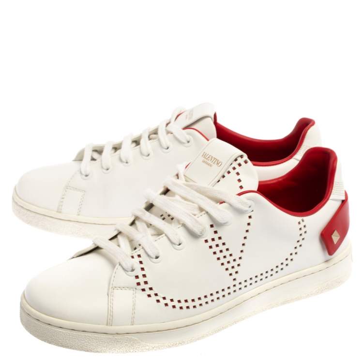 Pre Owned Valentino White Perforated Leather Backnet Rockstud Low Top Sneakers Size 37