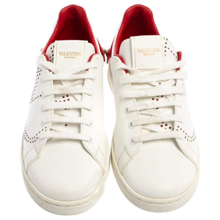 Pre Owned Valentino White Perforated Leather Backnet Rockstud Low Top Sneakers Size 37