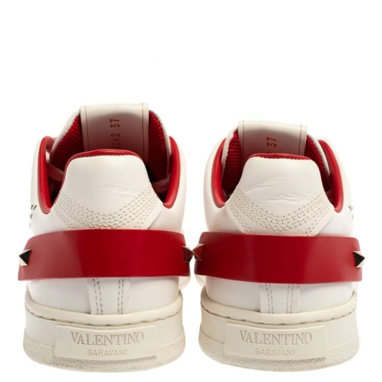 Pre Owned Valentino White Perforated Leather Backnet Rockstud Low Top Sneakers Size 37