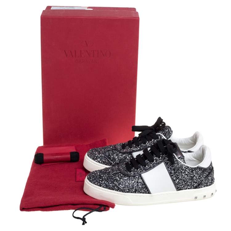 Pre Owned Valentino Metallic Grey/White Glitter And Leather Flycrew Low Top Sneakers Size 37