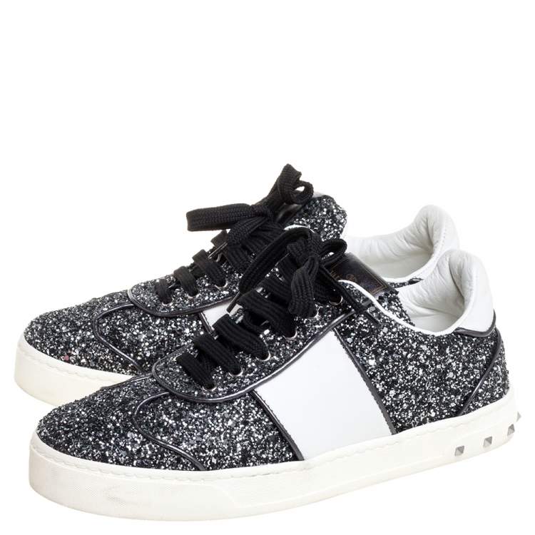 Pre Owned Valentino Metallic Grey/White Glitter And Leather Flycrew Low Top Sneakers Size 37