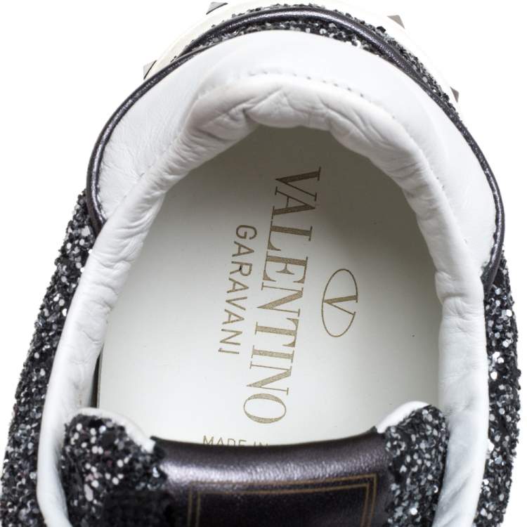 Pre Owned Valentino Metallic Grey/White Glitter And Leather Flycrew Low Top Sneakers Size 37