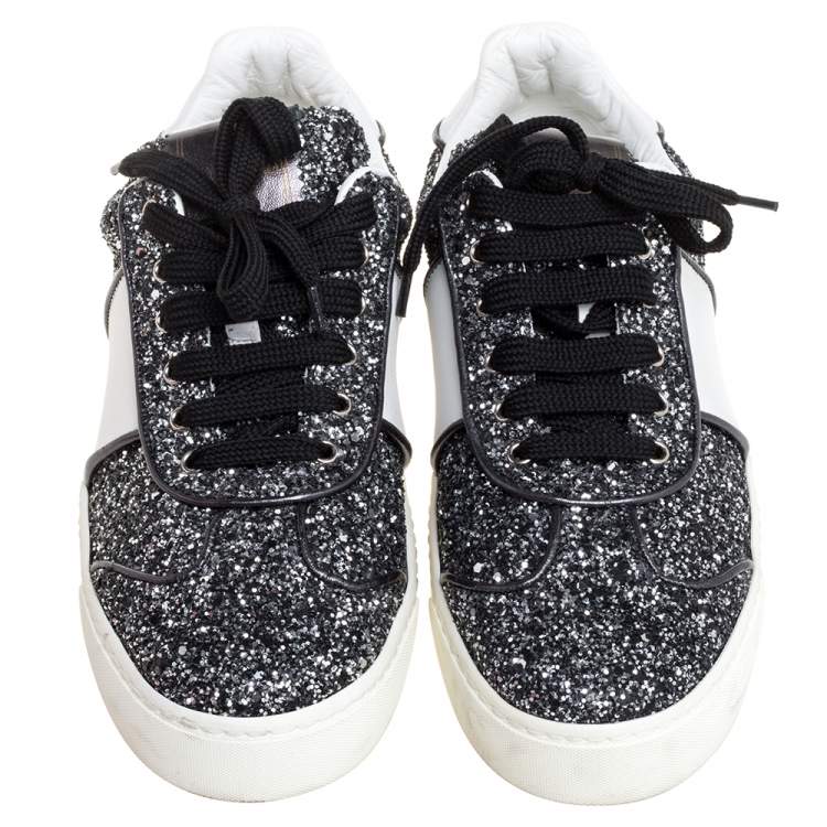 Pre Owned Valentino Metallic Grey/White Glitter And Leather Flycrew Low Top Sneakers Size 37