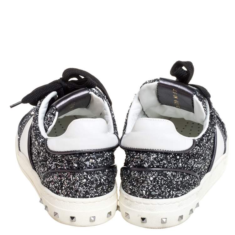 Pre Owned Valentino Metallic Grey/White Glitter And Leather Flycrew Low Top Sneakers Size 37