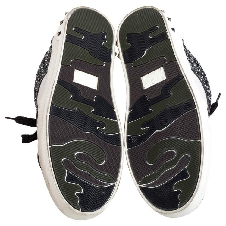 Pre Owned Valentino Metallic Grey/White Glitter And Leather Flycrew Low Top Sneakers Size 37