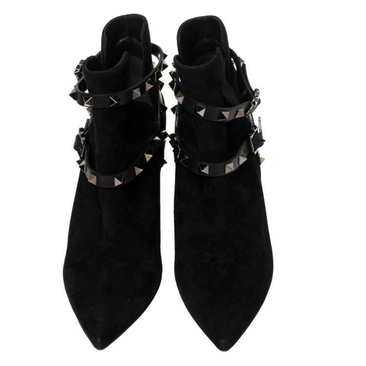 Pre Owned Valentino Black Suede Rockstud Harness Ankle Boots Size 36.5