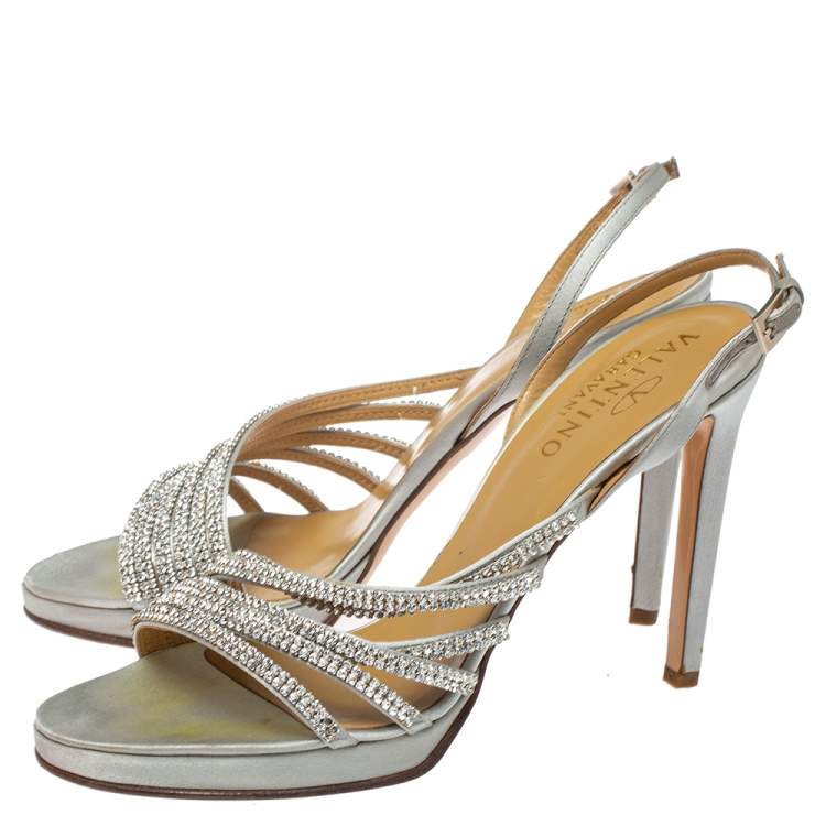 Pre Owned Valentino Light Grey Satin Crystal Embellished Slingback Sandals Size 39.5