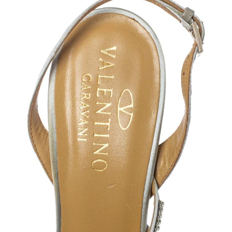 Pre Owned Valentino Light Grey Satin Crystal Embellished Slingback Sandals Size 39.5