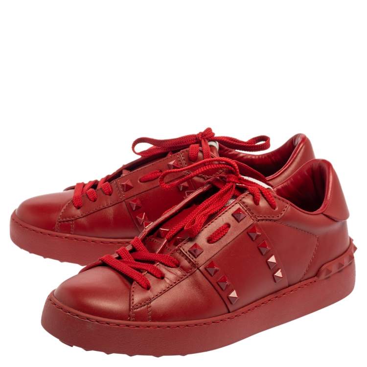 Pre Owned Valentino Red Leather Rockstud Untitled Rosso Low Top Sneakers Size 38