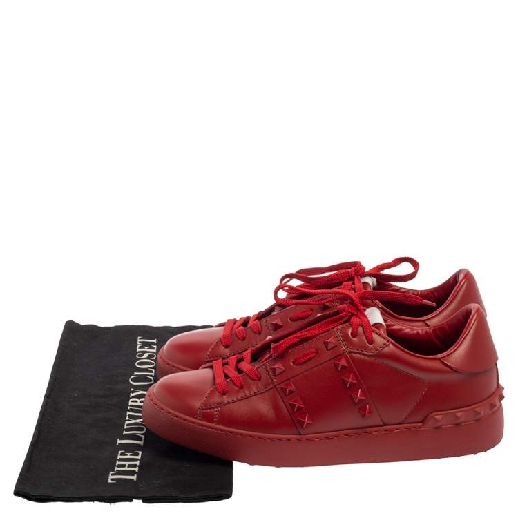 Pre Owned Valentino Red Leather Rockstud Untitled Rosso Low Top Sneakers Size 38