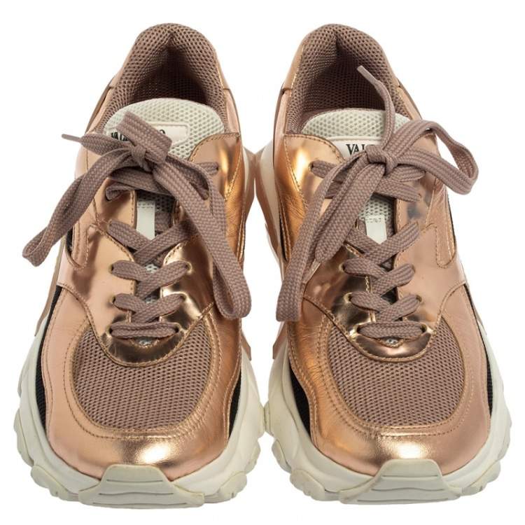 Pre Owned Valentino Metallic Bronze/Black Leather And Mesh Bounce Low Top Sneakers Size 39