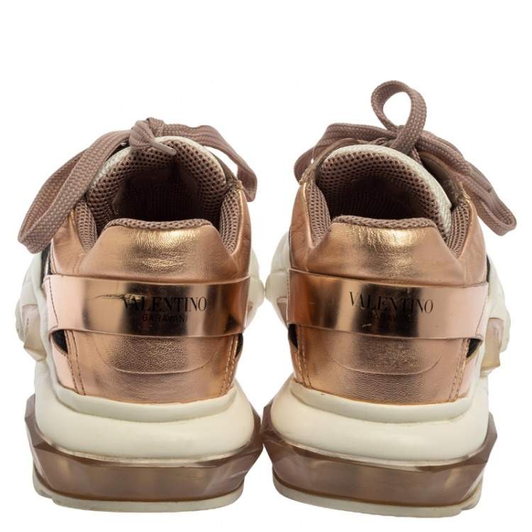 Pre Owned Valentino Metallic Bronze/Black Leather And Mesh Bounce Low Top Sneakers Size 39