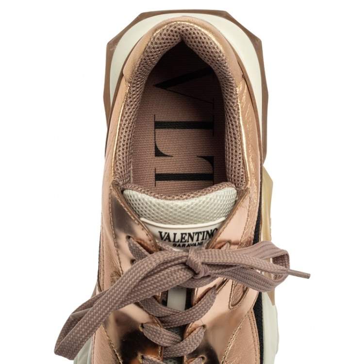 Pre Owned Valentino Metallic Bronze/Black Leather And Mesh Bounce Low Top Sneakers Size 39