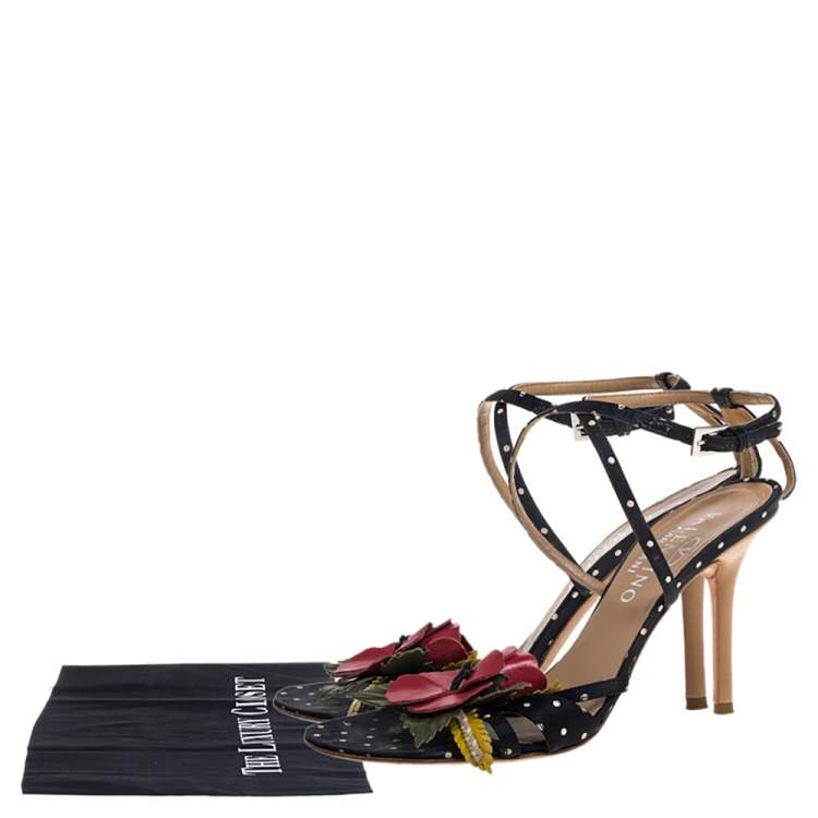 Pre Owned Valentino Black Satin Polka Dot Floral Embellished Ankle Strap Sandals Size 36