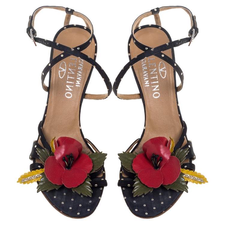 Pre Owned Valentino Black Satin Polka Dot Floral Embellished Ankle Strap Sandals Size 36