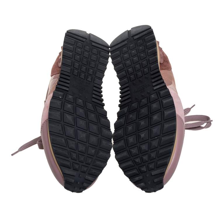 Pre Owned Valentino Pink Camouflage Leather And Suede Rockstud Sneakers Size 38