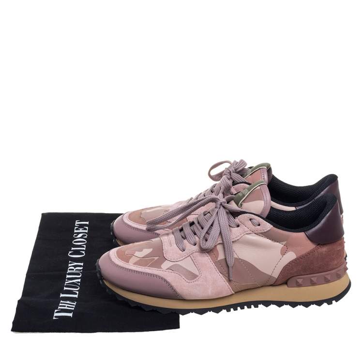 Pre Owned Valentino Pink Camouflage Leather And Suede Rockstud Sneakers Size 38