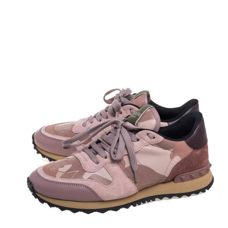 Pre Owned Valentino Pink Camouflage Leather And Suede Rockstud Sneakers Size 38