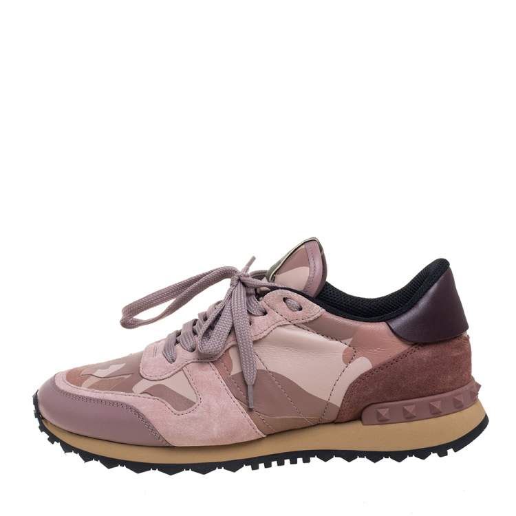 Pre Owned Valentino Pink Camouflage Leather And Suede Rockstud Sneakers Size 38