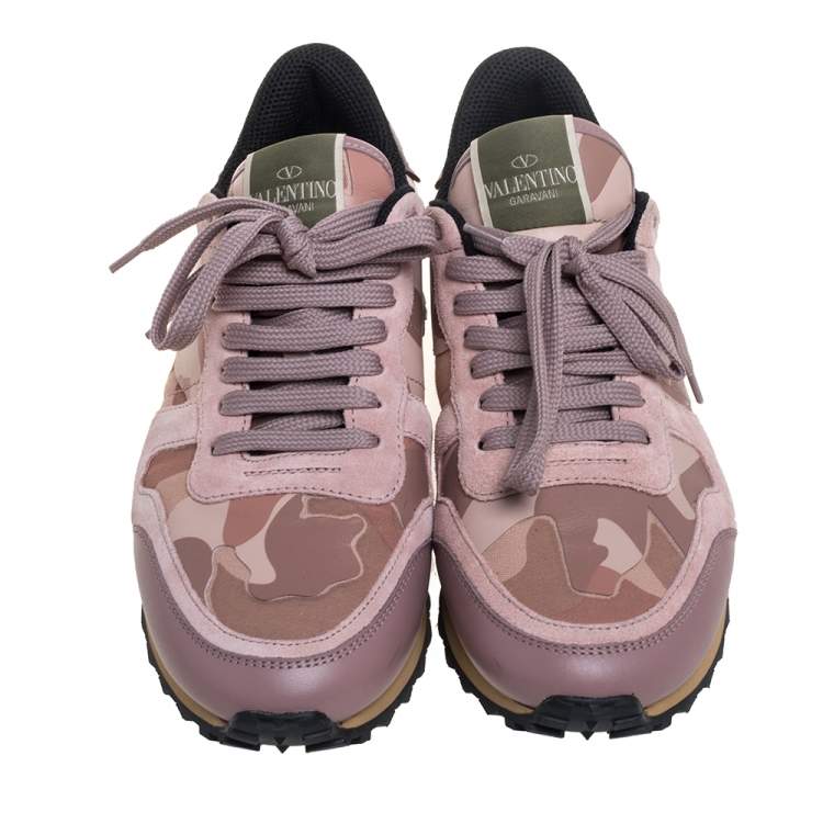 Pre Owned Valentino Pink Camouflage Leather And Suede Rockstud Sneakers Size 38