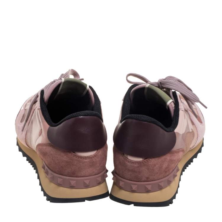 Pre Owned Valentino Pink Camouflage Leather And Suede Rockstud Sneakers Size 38