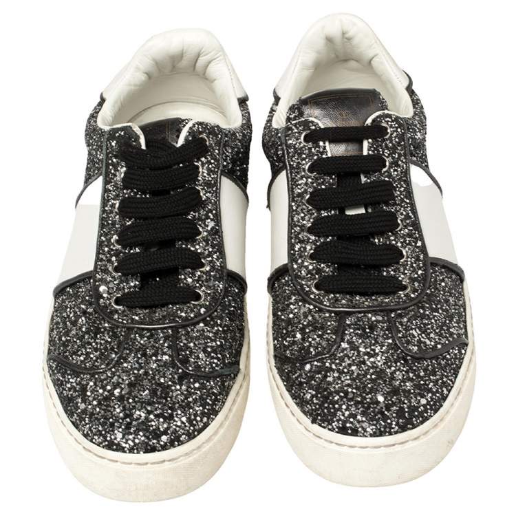 Pre Owned Valentino Black/White Glitter Fly Crew Low Top Sneakers Size 38
