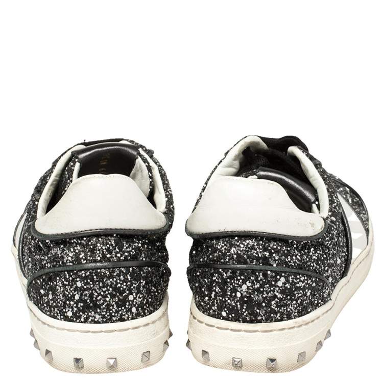 Pre Owned Valentino Black/White Glitter Fly Crew Low Top Sneakers Size 38