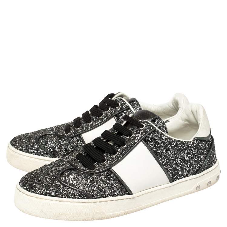 Pre Owned Valentino Black/White Glitter Fly Crew Low Top Sneakers Size 38