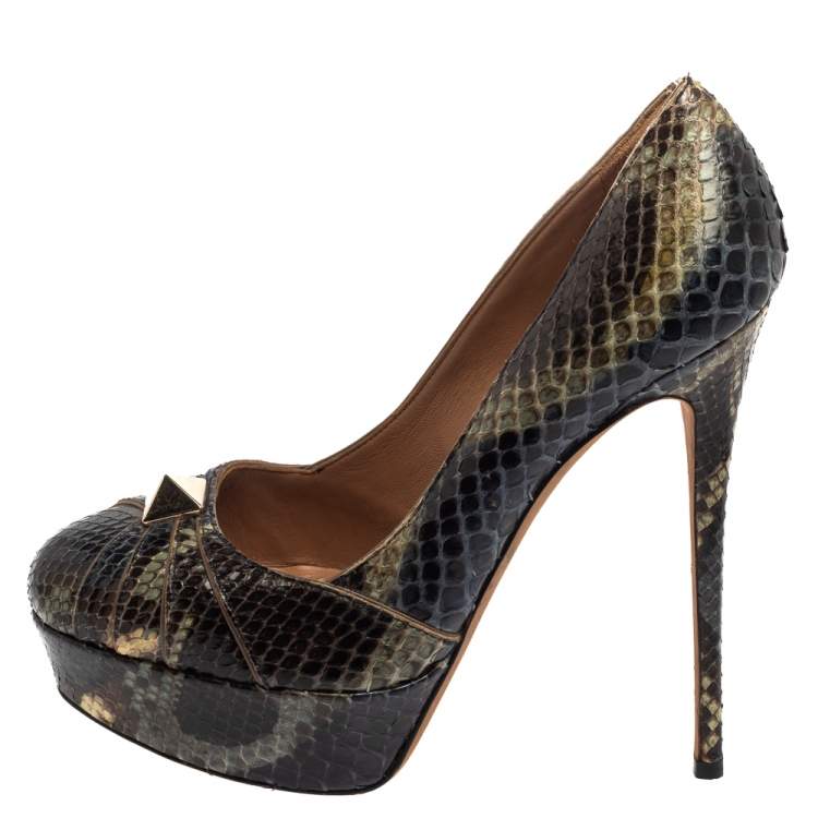 Pre Owned Valentino Multicolor Python Rockstud Round Toe Platform Pumps Size 38