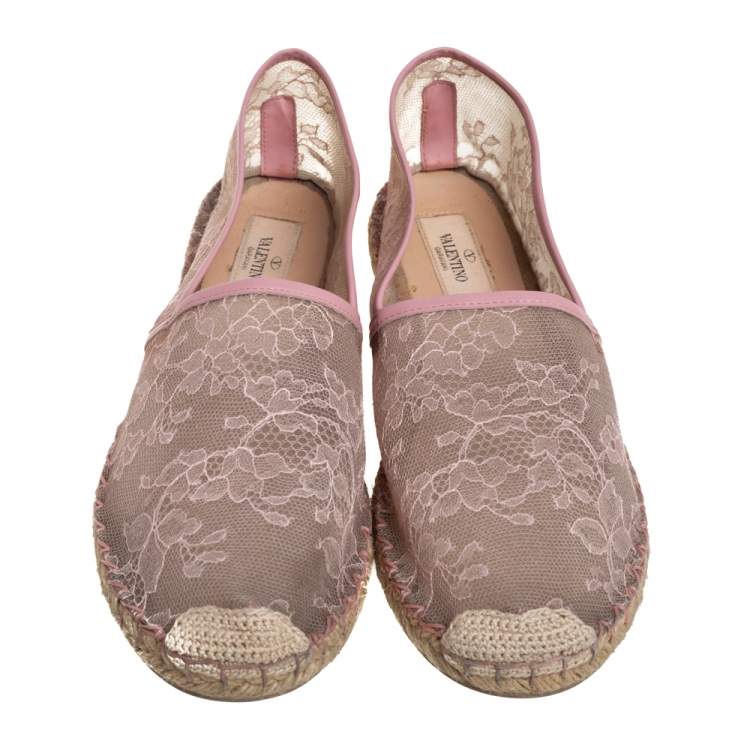 Pre Owned Valentino Beige/Pink Leather And Lace Espadrilles Flats Size 40