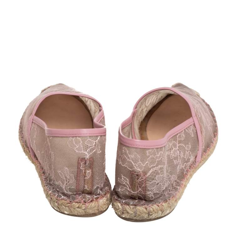 Pre Owned Valentino Beige/Pink Leather And Lace Espadrilles Flats Size 40