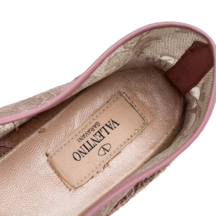 Pre Owned Valentino Beige/Pink Leather And Lace Espadrilles Flats Size 40