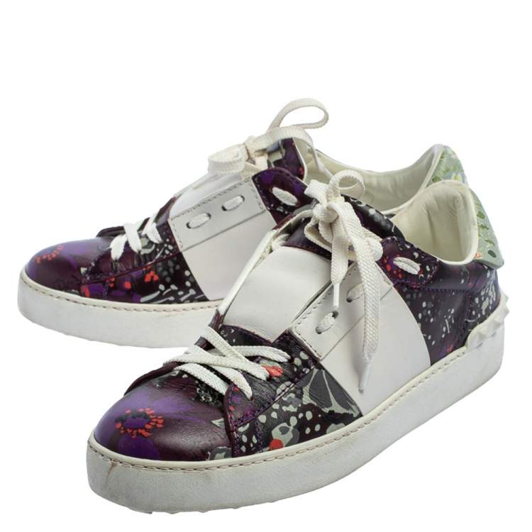 Pre Owned Valentino White/Purple Floral Printed Leather Low Top Sneakers Size 36