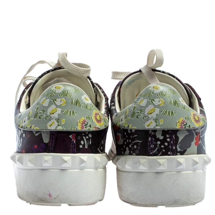 Pre Owned Valentino White/Purple Floral Printed Leather Low Top Sneakers Size 36