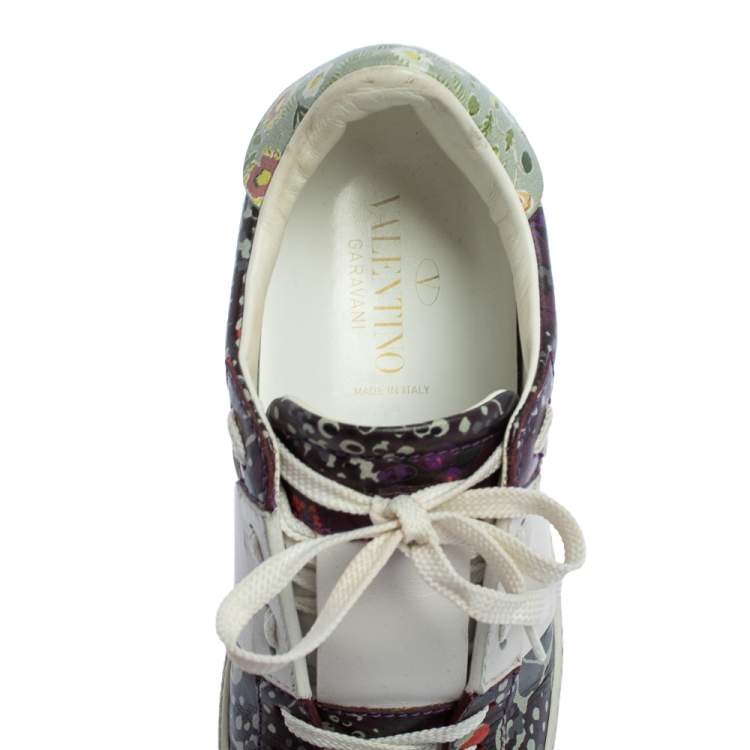 Pre Owned Valentino White/Purple Floral Printed Leather Low Top Sneakers Size 36