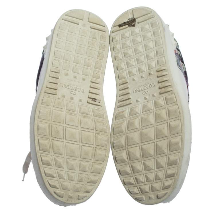 Pre Owned Valentino White/Purple Floral Printed Leather Low Top Sneakers Size 36