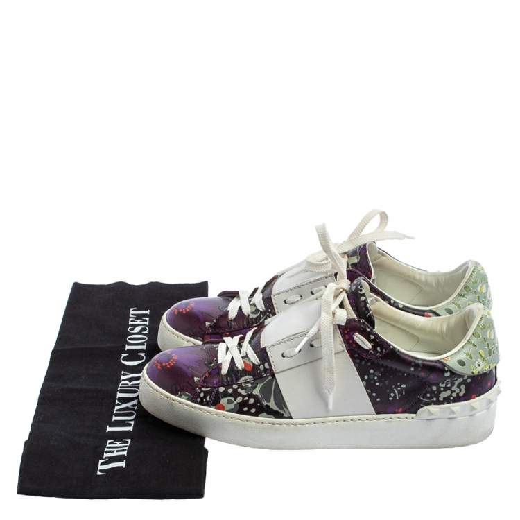 Pre Owned Valentino White/Purple Floral Printed Leather Low Top Sneakers Size 36