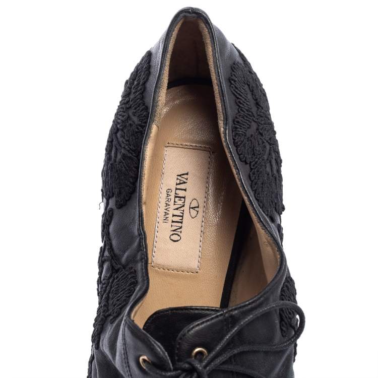 Pre Owned Valentino Black Leather Floral Embroidered Peep Toe Ankle Booties Size 40