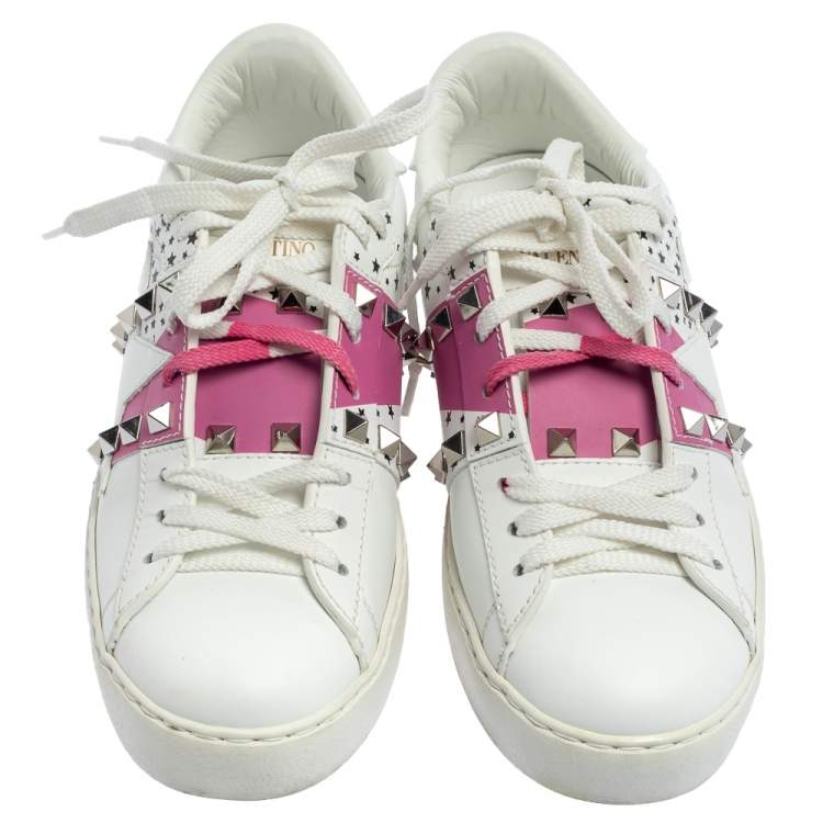 Pre Owned Valentino White/Pink Leather Untitled Low Top Sneakers Size 35.5