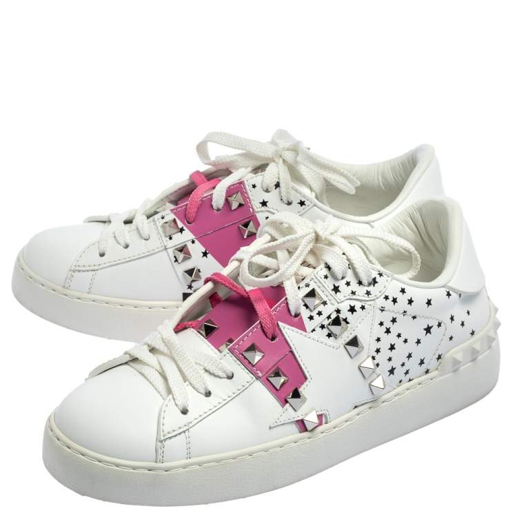 Pre Owned Valentino White/Pink Leather Untitled Low Top Sneakers Size 35.5