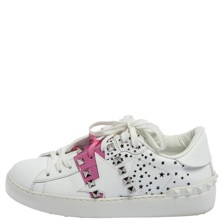 Pre Owned Valentino White/Pink Leather Untitled Low Top Sneakers Size 35.5