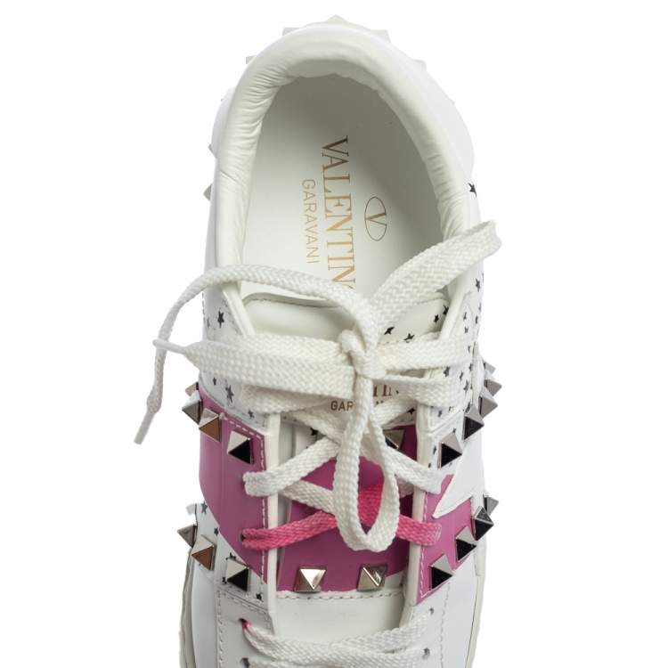 Pre Owned Valentino White/Pink Leather Untitled Low Top Sneakers Size 35.5