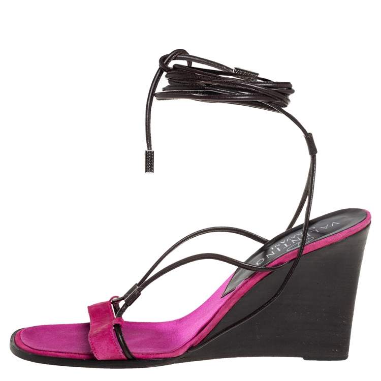 Pre Owned Valentino Pink/Brown Suede And Leather Wedge Ankle Wrap Sandals Size 39