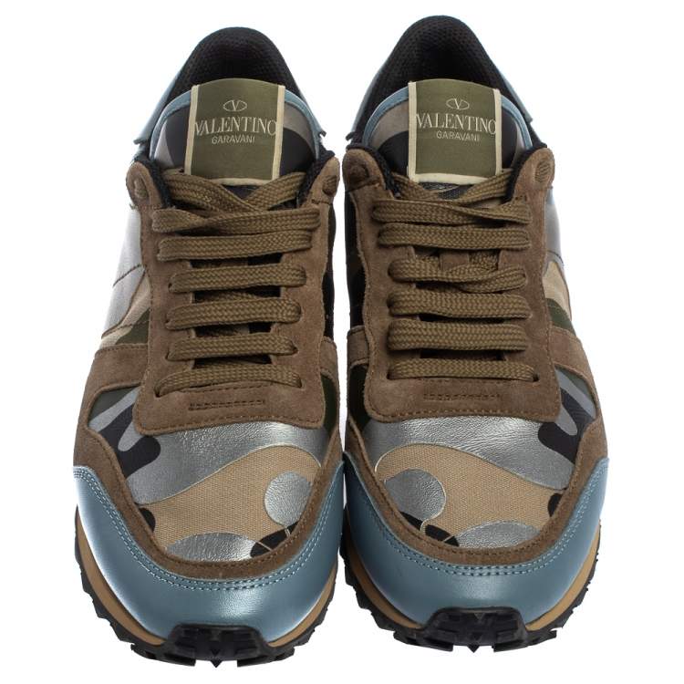 Pre Owned Valentino Multicolor Canvas And Suede Rockrunner Camouflage Low Top Sneakers Size 38