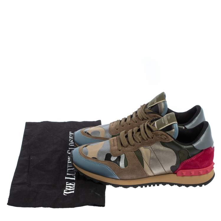 Pre Owned Valentino Multicolor Canvas And Suede Rockrunner Camouflage Low Top Sneakers Size 38