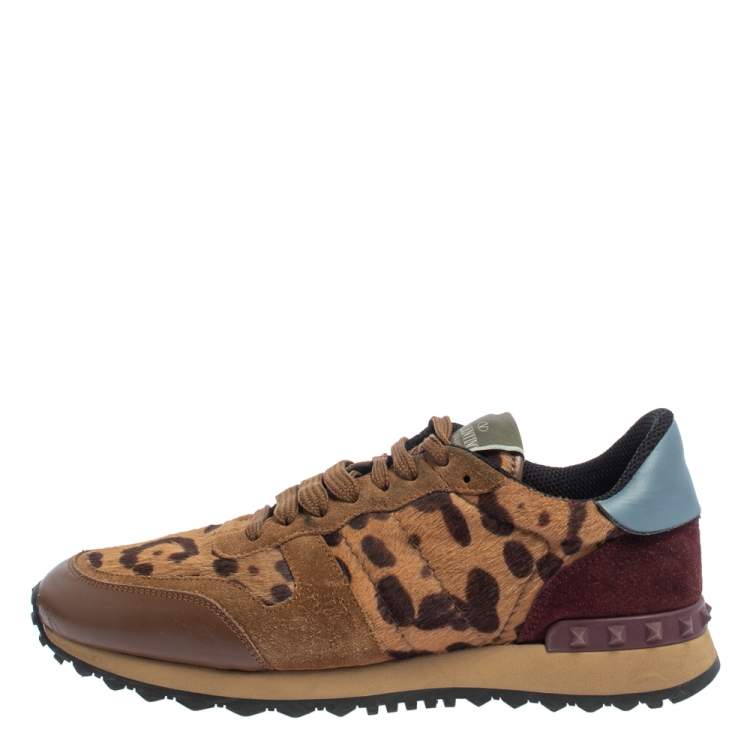 Pre Owned Valentino Brown Animal Print Calf Hair, Suede and Leather Rockrunner Low Top Sneakers Size 39.5