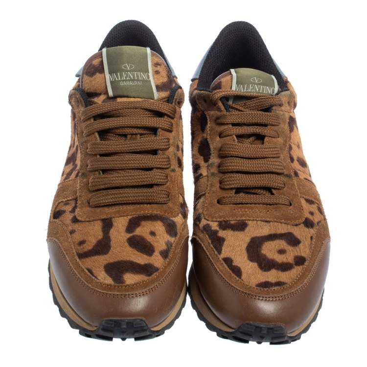 Pre Owned Valentino Brown Animal Print Calf Hair, Suede and Leather Rockrunner Low Top Sneakers Size 39.5