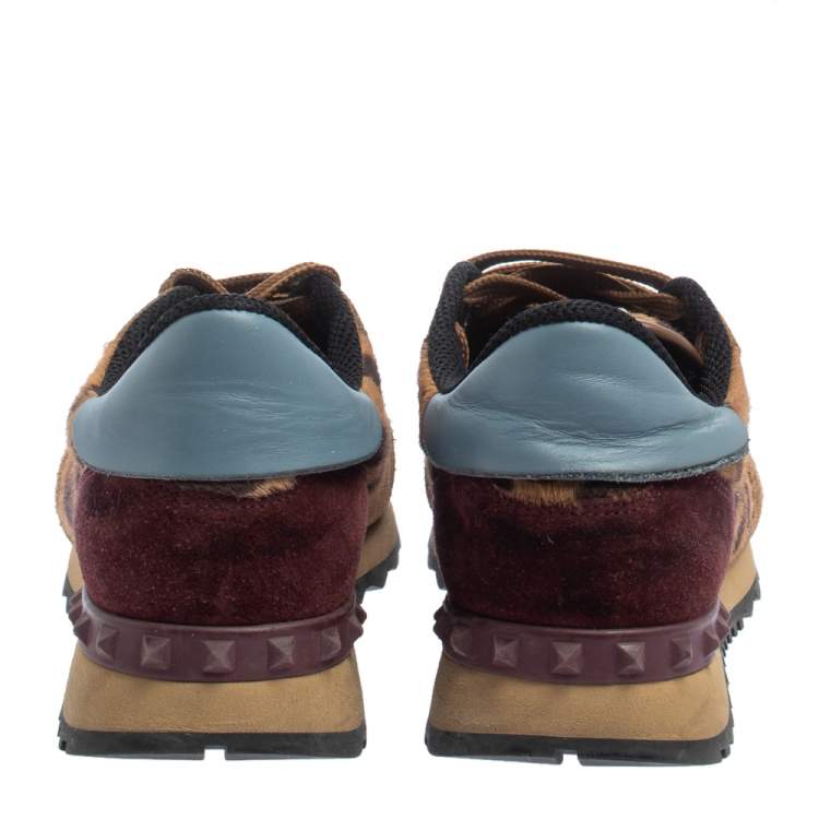 Pre Owned Valentino Brown Animal Print Calf Hair, Suede and Leather Rockrunner Low Top Sneakers Size 39.5